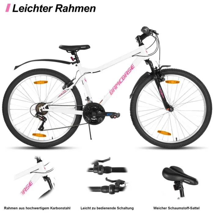 Hiland 26 Zoll Damen Mountainbike, 18-Gang Schaltung, Mountainbike mit V-Bremsen, Robustes MTB für Frauen Studenten-Pendlerfahrrad, Weiß – Bild 2