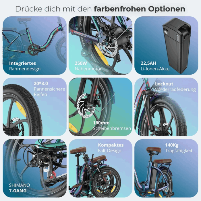 Wichtigste Infos auf einen Blick 🚀 Dein F20+ Pro ist ein echtes Platzwunder! Dank des **schnell faltbaren Rahmens** kannst du es super einfach verstauen und transportieren – ideal für Pendler und kleine Wohnungen. 🔋💨 Erlebe müheloses Fahren mit dem **kraftvollen 250W Motor** und genieße eine beeindruckende Reichweite von **bis zu 200 km** pro Ladung dank der verbesserten **22,5Ah Batterie**! 🏞️🚴‍♀️ Egal ob Stadt, Waldwege oder Strand – die **pannensicheren 20 Zoll Fat Tyres** und die **stoßdämpfende Federgabel** machen dein E-Bike zum vielseitigen Allrounder für komfortable Fahrten auf jedem Untergrund. 🚦🛑 Fahre immer sicher und entspannt, denn dein F20+ Pro ist **voll straßenverkehrstauglich** mit LED-Lichtern und Reflektoren und bietet dir dank der **präzisen Scheibenbremsen** maximale Sicherheit. ✨🎨 Hebe dich ab mit dem einzigartigen Look! Die **innovative Farbwechsel-Lackierung** lässt dein E-Bike je nach Winkel und Licht zwischen Grün, Lila und Blau changieren – ein echter Hingucker! – Bild 11