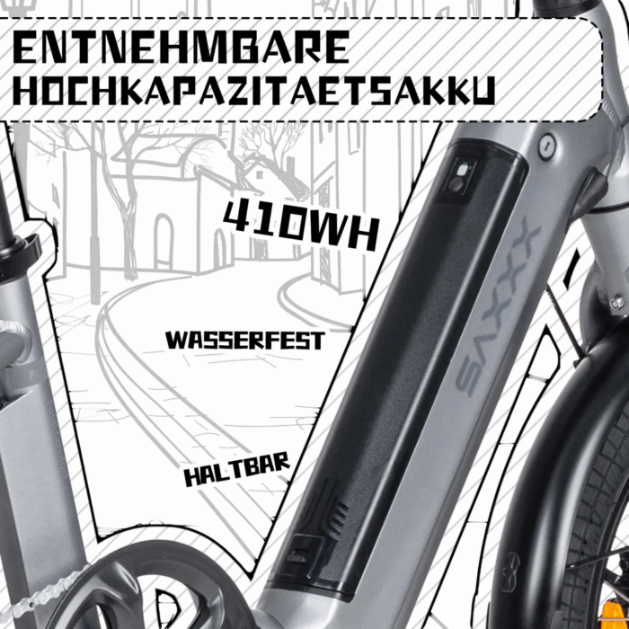 SAXXX Faltrad E-Bike Foldi, 410Wh Akku , 80 km Reichweite, Shimano Nexus 7-Gang, 250 W Hinterradmotor, 20 × 2.3″ CST, mechanische Scheibenbremse, Grau – Bild 4