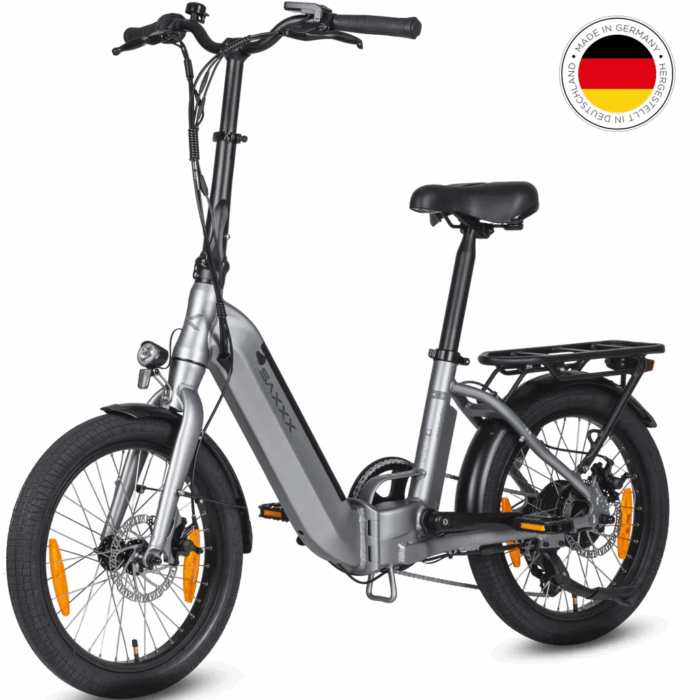 SAXXX Faltrad E-Bike Foldi, 410Wh Akku , 80 km Reichweite, Shimano Nexus 7-Gang, 250 W Hinterradmotor, 20 × 2.3″ CST, mechanische Scheibenbremse, Grau – Bild 1