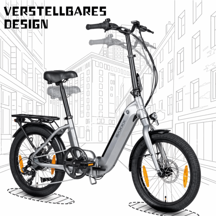 SAXXX Faltrad E-Bike Foldi, 410Wh Akku , 80 km Reichweite, Shimano Nexus 7-Gang, 250 W Hinterradmotor, 20 × 2.3″ CST, mechanische Scheibenbremse, Grau – Bild 6