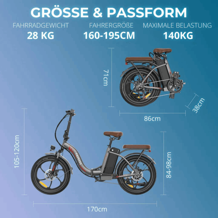 Wichtigste Infos auf einen Blick 🚀 Dein F20+ Pro ist ein echtes Platzwunder! Dank des **schnell faltbaren Rahmens** kannst du es super einfach verstauen und transportieren – ideal für Pendler und kleine Wohnungen. 🔋💨 Erlebe müheloses Fahren mit dem **kraftvollen 250W Motor** und genieße eine beeindruckende Reichweite von **bis zu 200 km** pro Ladung dank der verbesserten **22,5Ah Batterie**! 🏞️🚴‍♀️ Egal ob Stadt, Waldwege oder Strand – die **pannensicheren 20 Zoll Fat Tyres** und die **stoßdämpfende Federgabel** machen dein E-Bike zum vielseitigen Allrounder für komfortable Fahrten auf jedem Untergrund. 🚦🛑 Fahre immer sicher und entspannt, denn dein F20+ Pro ist **voll straßenverkehrstauglich** mit LED-Lichtern und Reflektoren und bietet dir dank der **präzisen Scheibenbremsen** maximale Sicherheit. ✨🎨 Hebe dich ab mit dem einzigartigen Look! Die **innovative Farbwechsel-Lackierung** lässt dein E-Bike je nach Winkel und Licht zwischen Grün, Lila und Blau changieren – ein echter Hingucker! – Bild 10