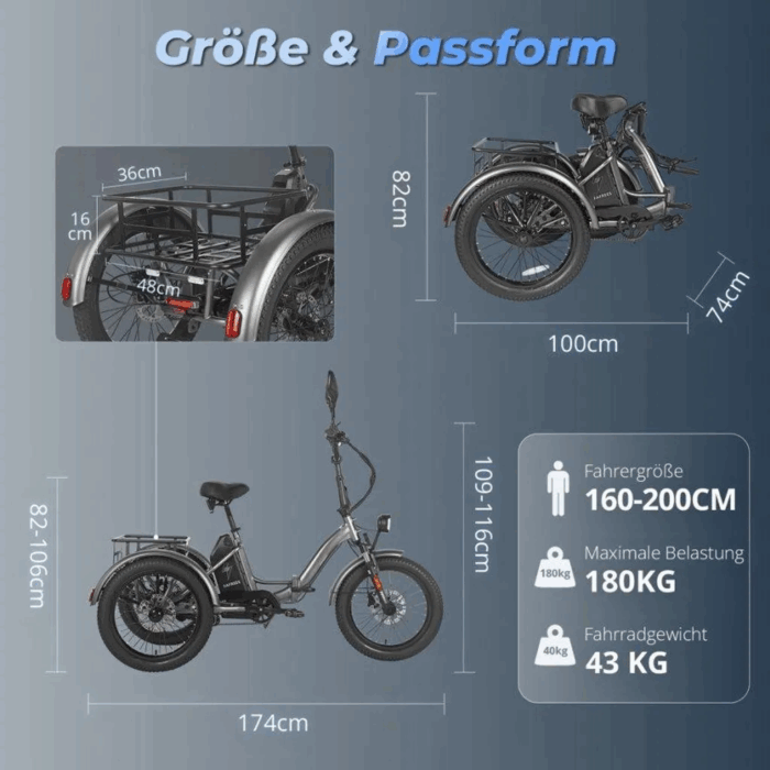 E Bike Dreirad Fat Klapprad E-Bike Lastenfahrrad 20 Zoll 48V 21Ah , Hydraulische Scheibenbremsen Elektrofahrrad, Elektro Lastenfahrrad 180kg Blau – Bild 9
