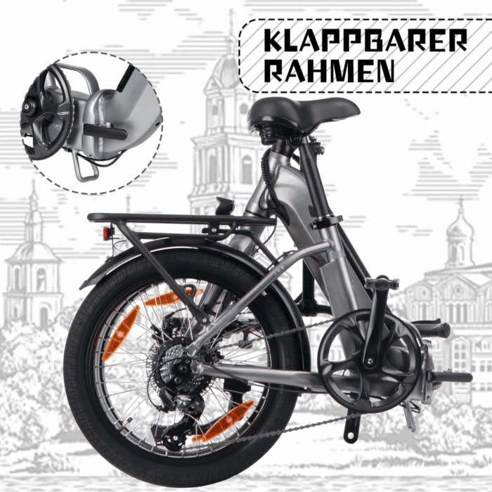 SAXXX Faltrad E-Bike Foldi, 410Wh Akku , 80 km Reichweite, Shimano Nexus 7-Gang, 250 W Hinterradmotor, 20 × 2.3″ CST, mechanische Scheibenbremse, Grau – Bild 3